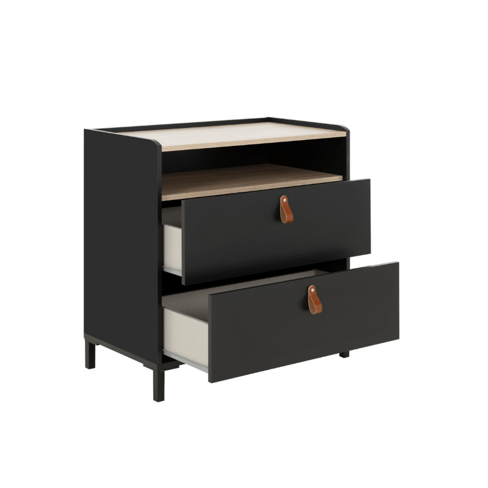 Amsterdam Dressoir Met 2 Lades - Zwart / Licht Kastanje Look, een industrieel dressoir met twee lades en kastanje accenten, voorzien van stijlvolle lederen handgrepen.