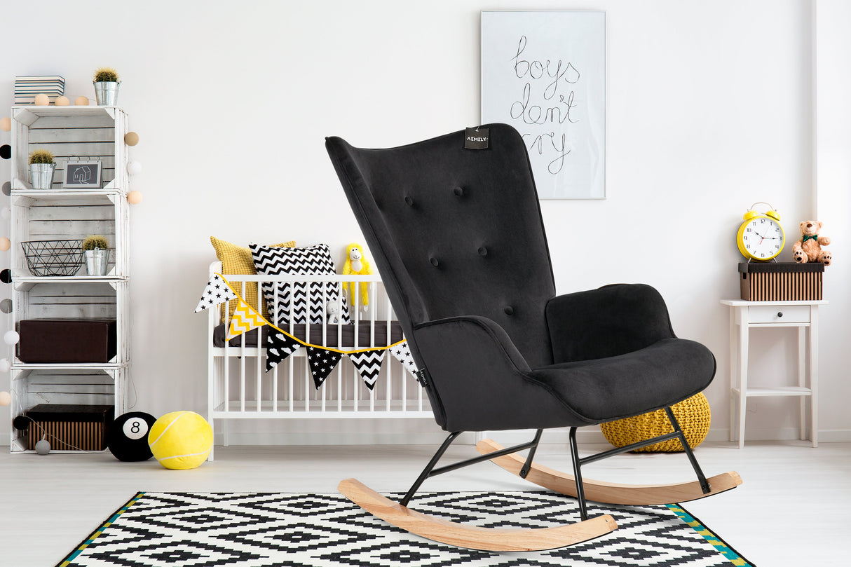 Aemely® Schommelstoel 'Steerne' in zwart fluweel met beukenhouten poten, comfortabel en stijlvol, perfect voor babykamer of woonkamer.
