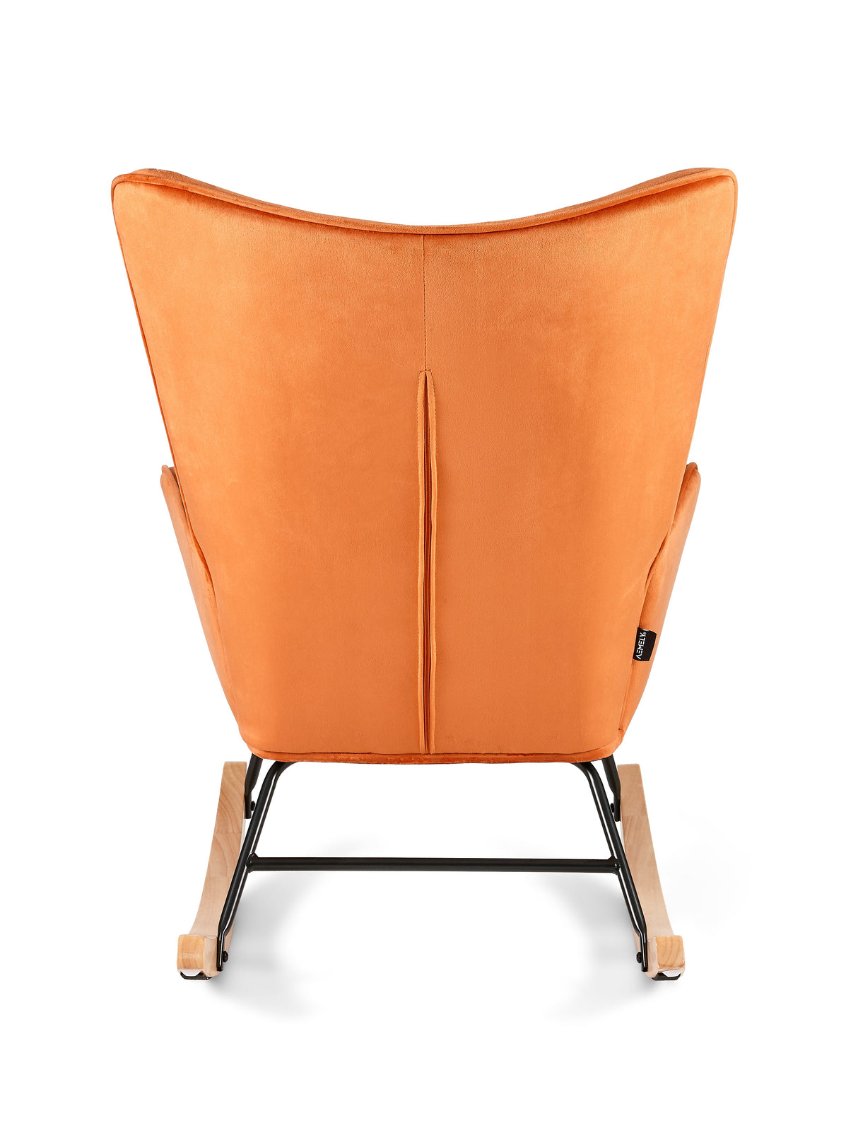 Aemely® Schommelstoel 'Steerne' met koperen velvet bekleding, zwart metalen frame, en beukenhouten poten. Detail van rugleuning en ritssluiting zichtbaar.