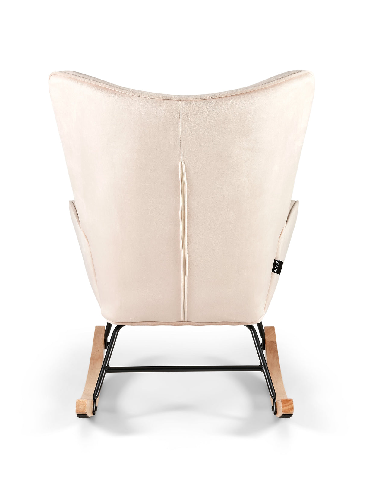 Aemely® Schommelstoel Steerne in beige velvet, met zwart metalen frame en houten poten, biedt stijlvol zitcomfort met een gecapitonneerde rugleuning.