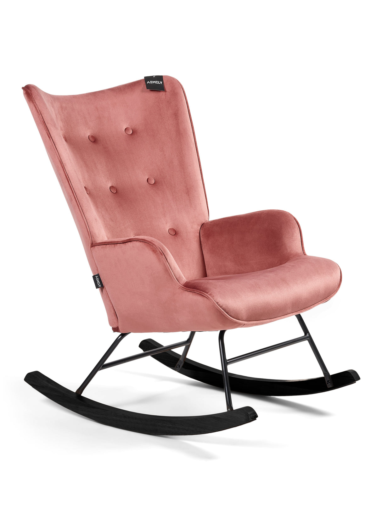 Aemely® Schommelstoel 'Steerne' in roze velvet met zwart houten poten, elegant ontwerp en comfortabele zitting, perfect voor moderne interieurs.