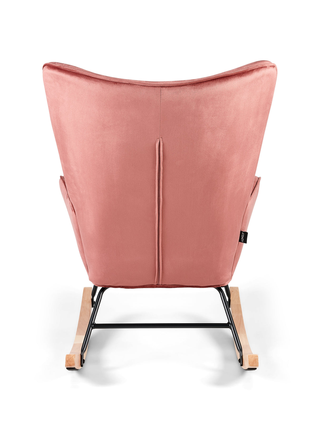 Aemely® Schommelstoel 'Steerne' in roze velvet met beukenhouten poten en zwart metalen frame, biedt comfort en stijlvolle uitstraling.