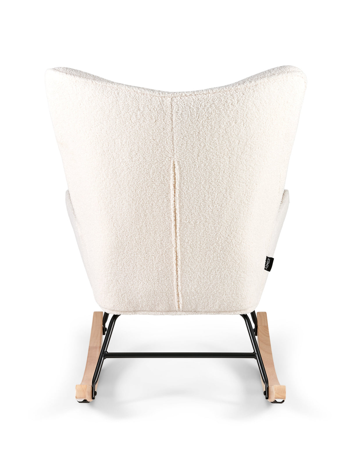 Aemely® schommelstoel Mama met witte teddy schaapjesstof, zwarte metalen frame en massieve beukenhouten poten, ideaal voor comfort in baby- of woonkamer.