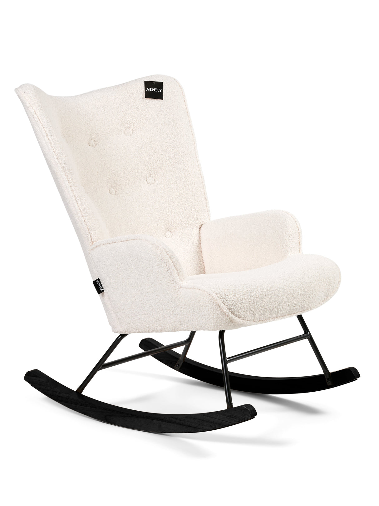Aemely® Schommelstoel Mama met witte schapenstof, zwarte metalen frame en beukenhouten poten, ideaal voor comfort in babykamers of woonkamers.