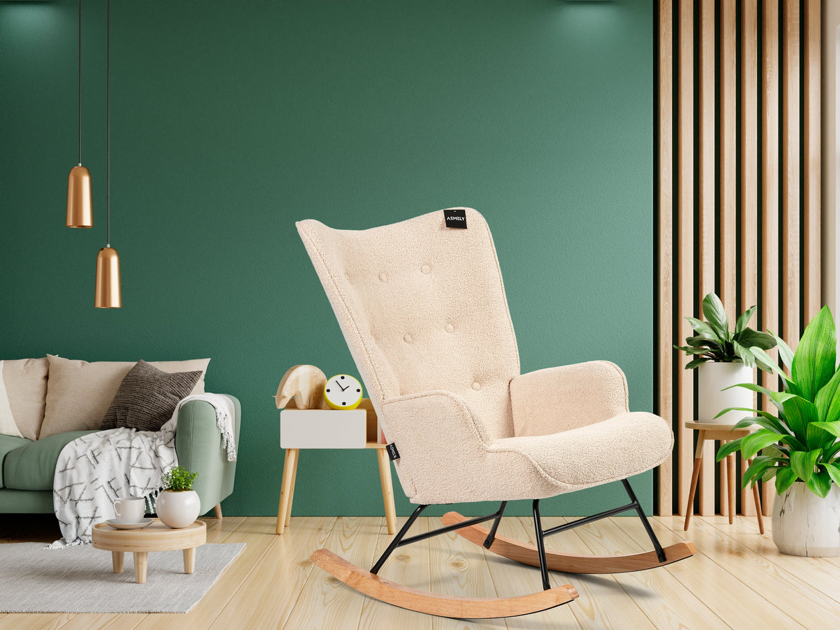 Aemely® Schommelstoel 'Mama' in beige teddy met zwart metalen frame en beukenhouten poten, ideaal voor comfort in elke kamer.