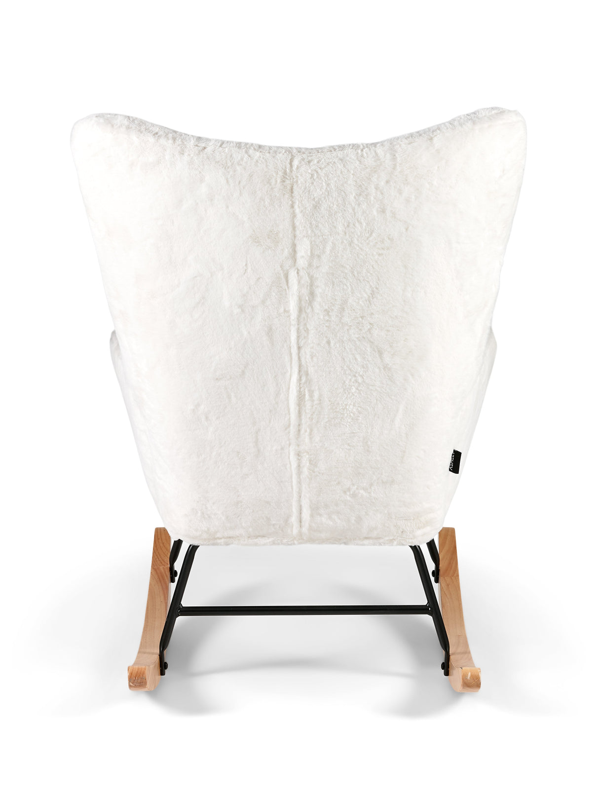 Aemely® Schommelstoel Mama met wit imitatiebont, houten poten en zwart metalen frame, ideaal voor comfort in babykamer of woonkamer.