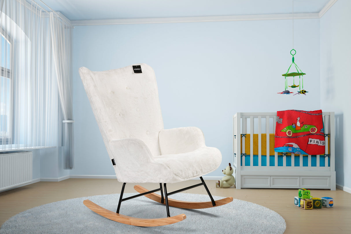 Aemely® Schommelstoel Mama in wit imitatiebont, met houten en stalen frame, ideaal voor de babykamer. Zachte stof en comfortabele zit.