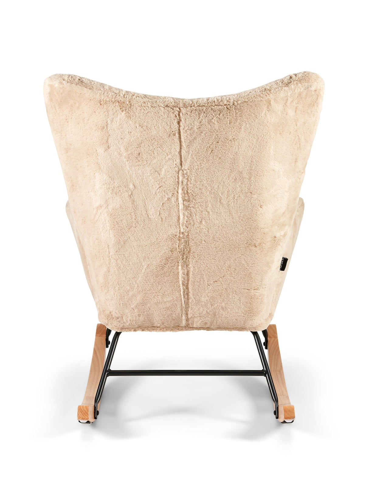 Aemely® Schommelstoel Mama met beige imitatiebont en zwart metalen frame, close-up van stoel met houten poten, perfect voor babykamer of woonkamer.