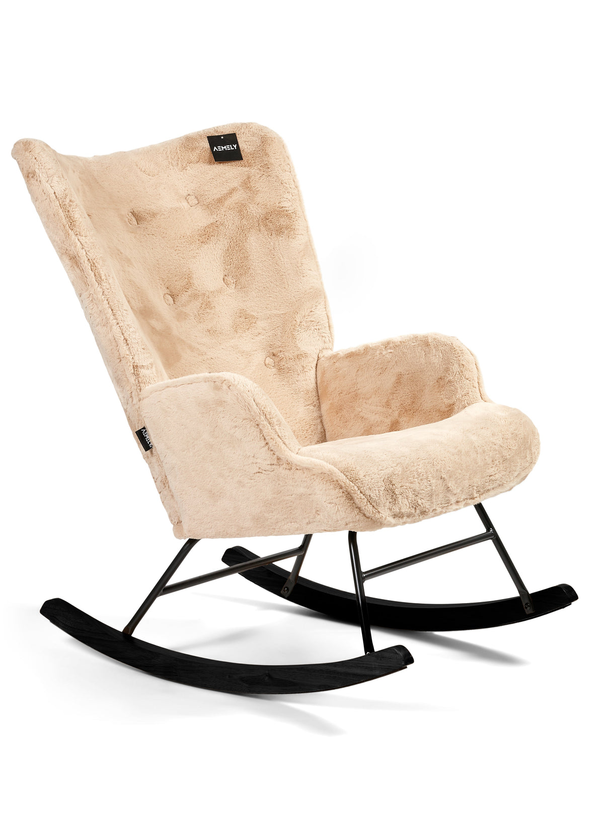 Aemely® Schommelstoel Mama met beige imitatiebont, zwarte beukenhouten poten en metalen frame. Ideaal voor babykamer of woonkamer als opvallend meubelstuk.