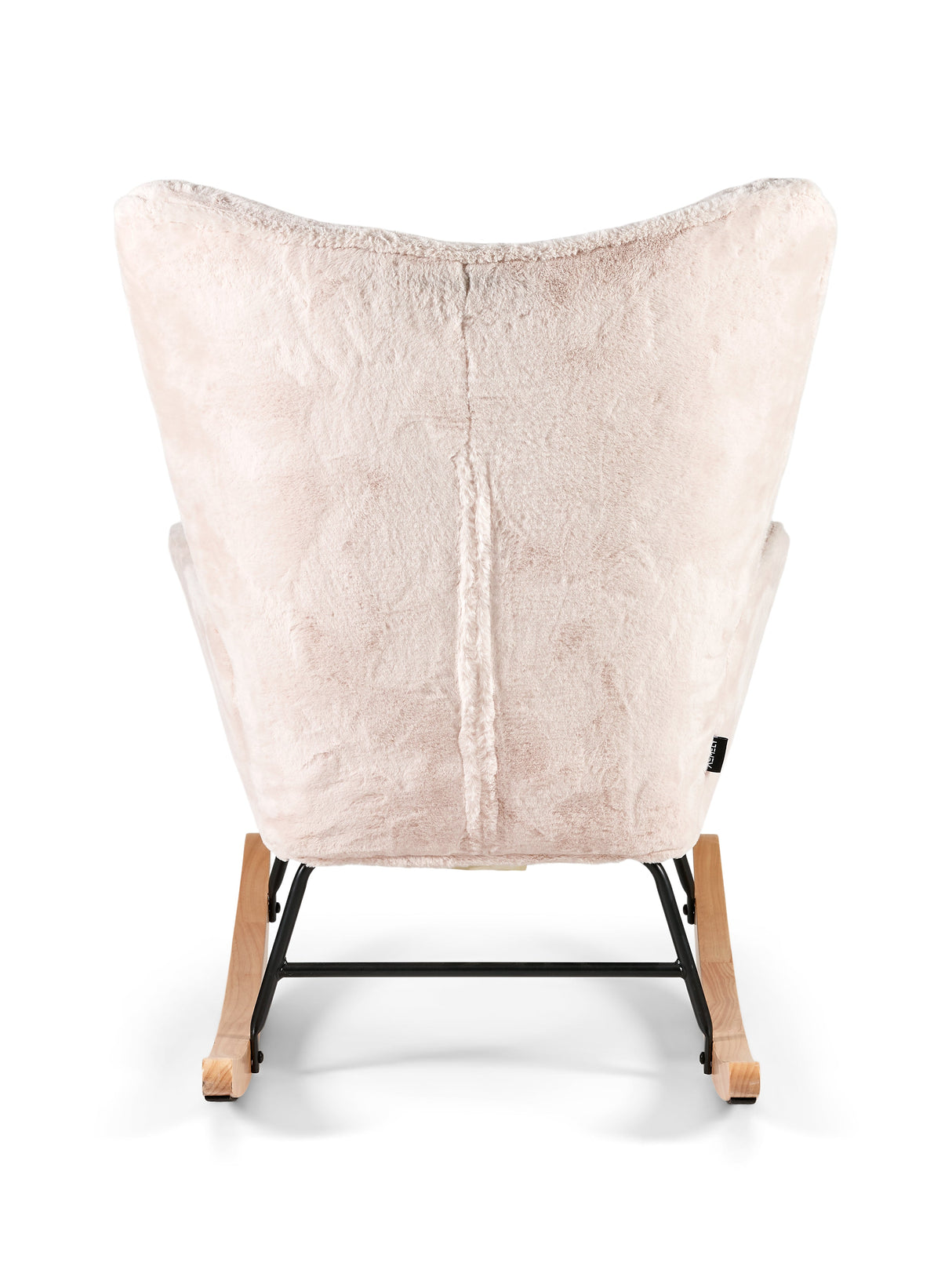 Aemely® Schommelstoel Mama in licht beige imitatiebont met zwart metalen frame en beukenhouten poten, perfect voor babykamers of als blikvanger in woonkamers.