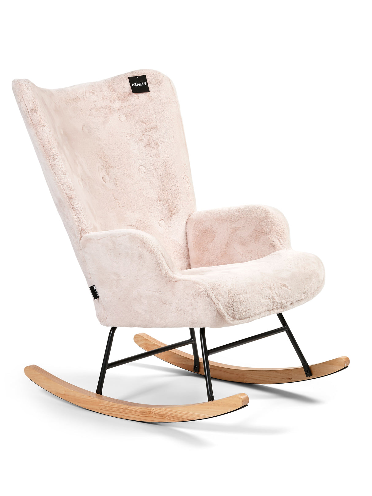 Aemely® Schommelstoel Mama, licht beige imitatiebont, witte houten poten met zwart frame, perfect voor babykamers en woonkamers, biedt uitstekend zitcomfort.