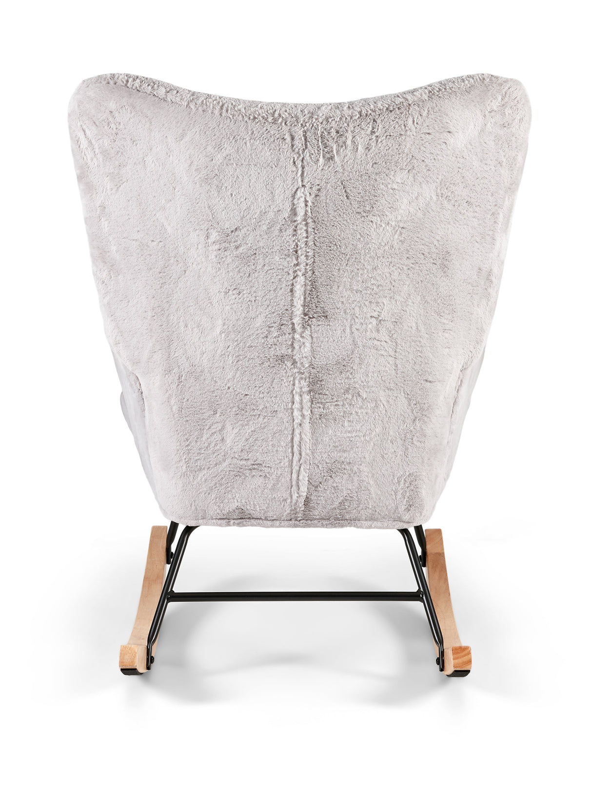 Aemely® Schommelstoel Mama met grijs imitatiebont, zwart metalen frame en houten poten, ideaal voor comfort in de babykamer of als eyecatcher in de woonkamer.