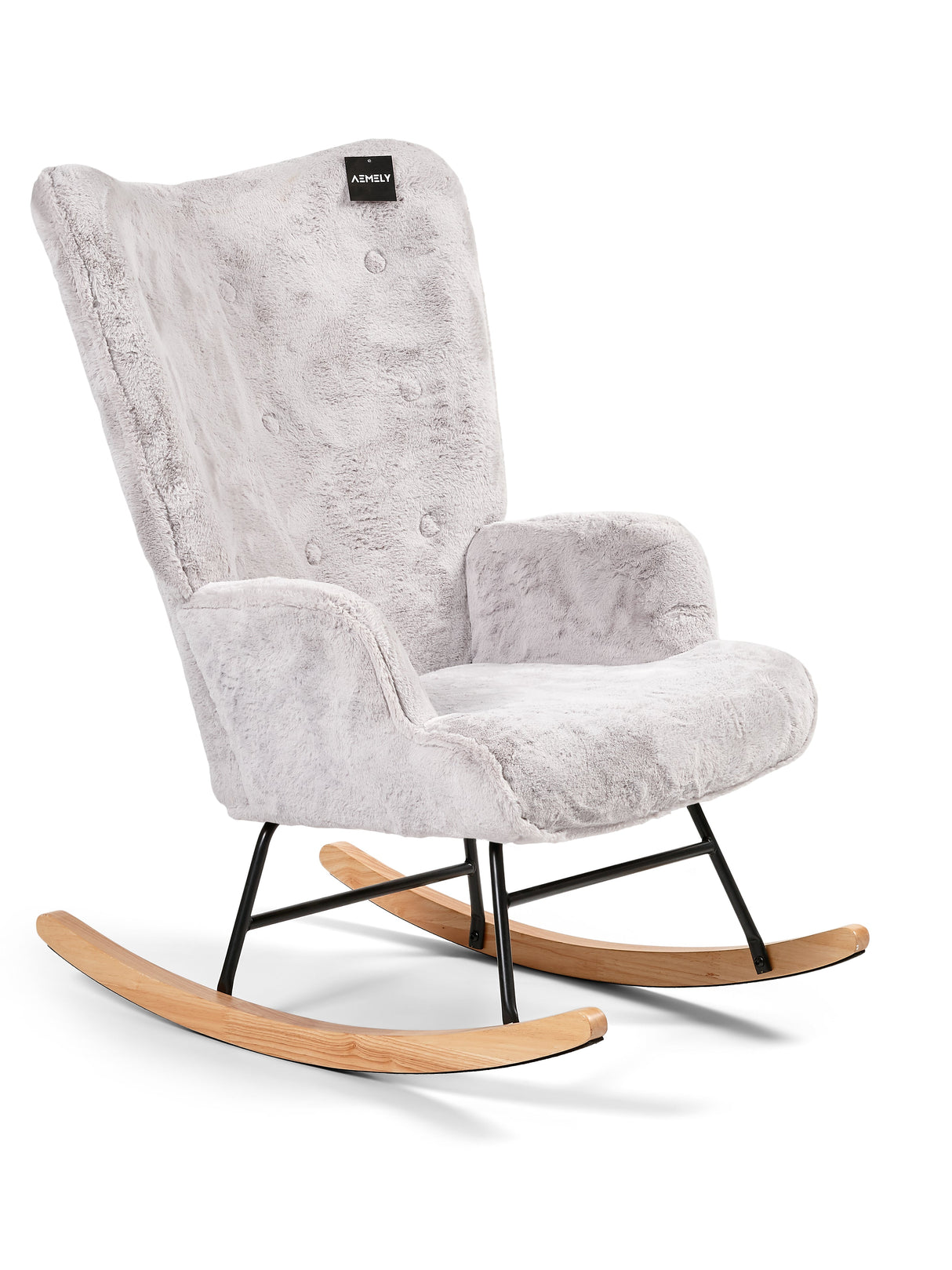 Aemely® Schommelstoel Mama met grijs imitatiebont, met houten poten en zwart metalen frame, perfect voor comfort in de babykamer of woonkamer.