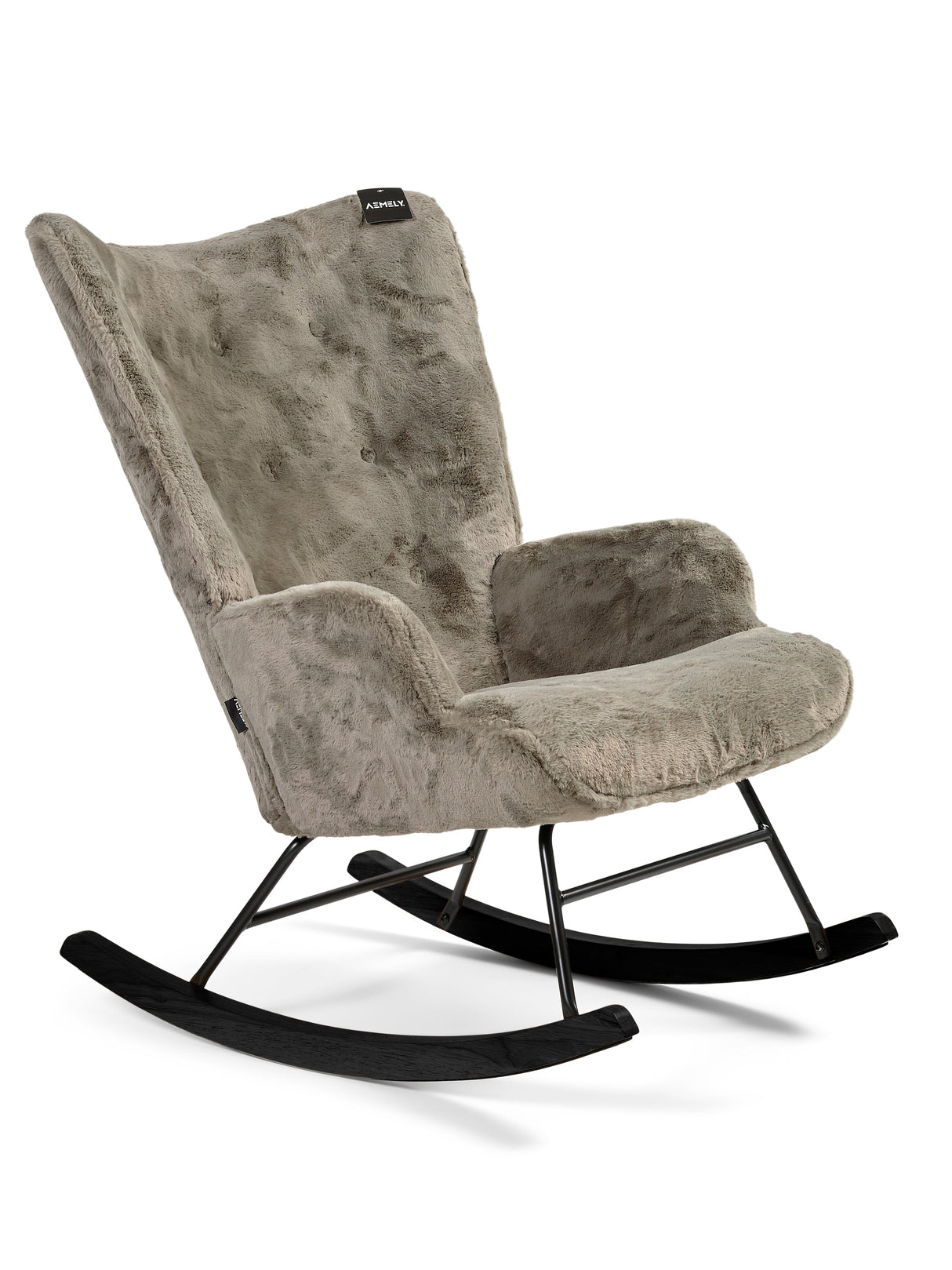 Aemely® Schommelstoel Mama met groene imitatiebont bekleding, zwart metalen frame en houten poten, ideaal voor babykamer of als blikvanger in de woonkamer.