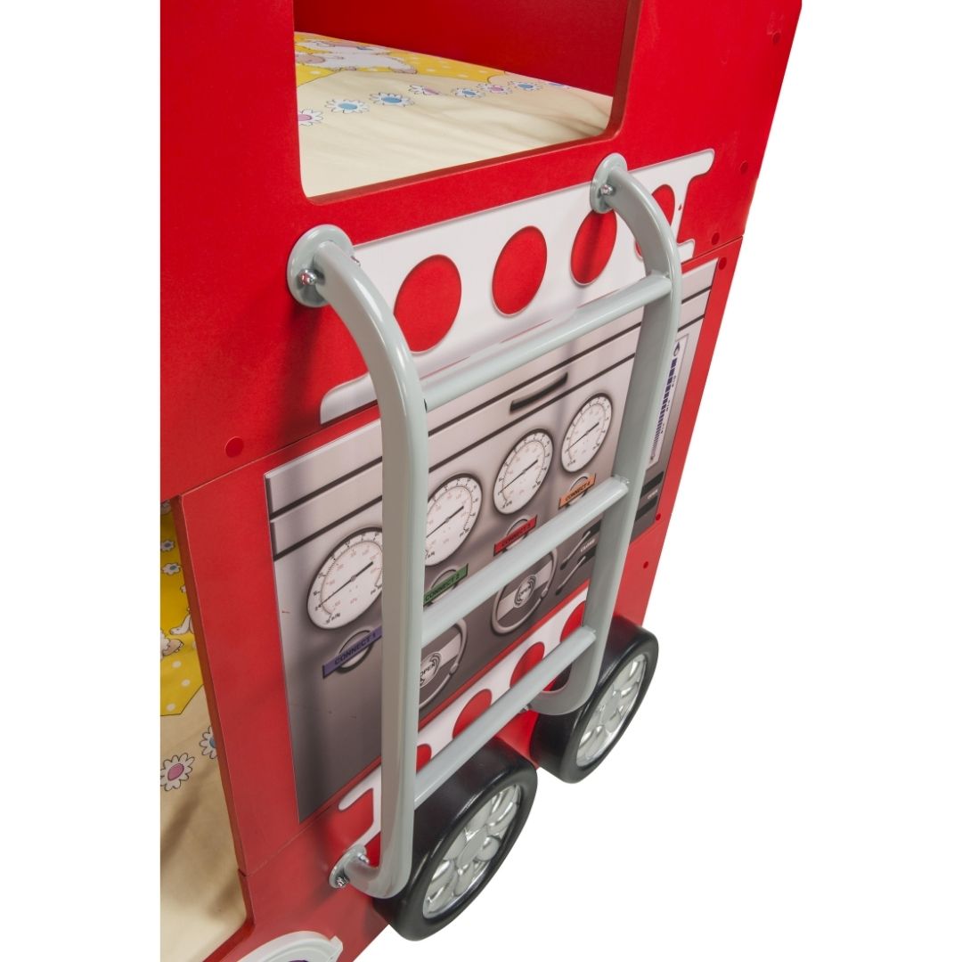 Kinderbed Brandweerauto 207×116 – Rood, een stoer kinderbed met brandweertruck-ontwerp voor avontuurlijke kinderen. Inclusief stuur en wielen, perfect voor fantasierijke speeltijd.