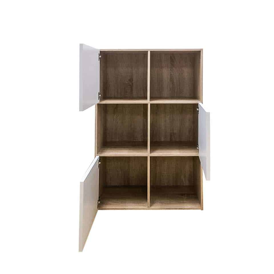 Vakkenkast 'Polsi' - Eiken/Wit, een stijlvolle open kast met witte deurtjes, ideaal voor boeken en accessoires. Gemaakt van duurzaam spaanplaat, zelfmontage vereist.