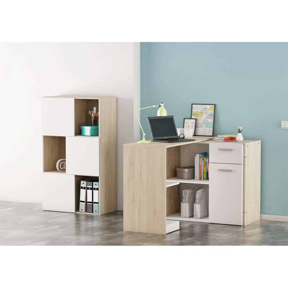 Vakkenkast 'Polsi' - Eiken/Wit, een veelzijdige boekenkast met drie witte deuren en open vakken voor boeken en accessoires, geschikt voor elke kamer.