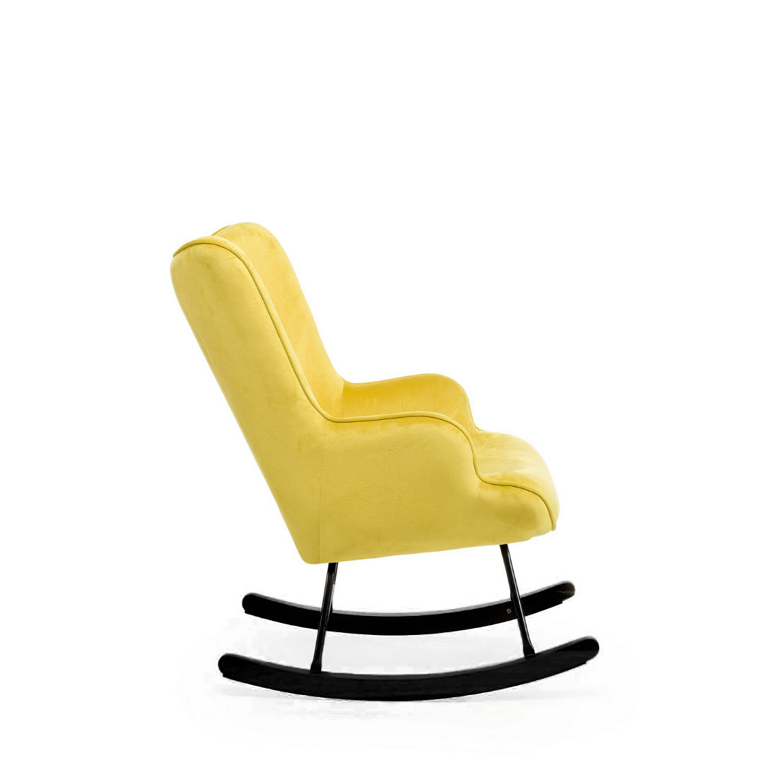 Aemely® Schommelstoel 'Steerne' in geel velvet met zwarte poten en stalen frame, elegant design voor comfortabele ontspanning.