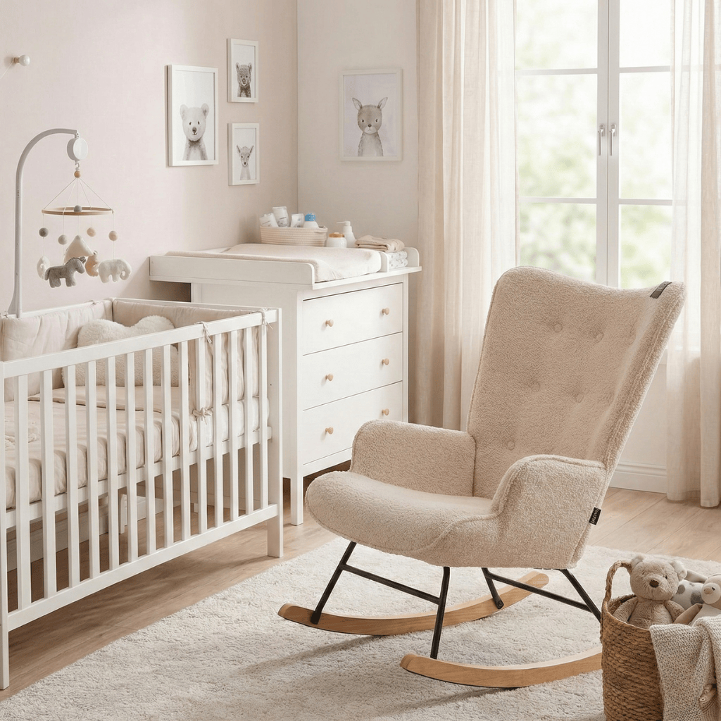 Aemely® Schommelstoel Mama - Beige Teddy & Blank Hout