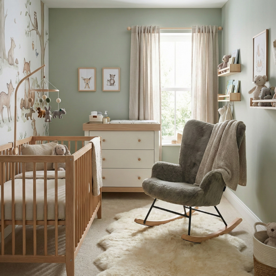 Aemely® Schommelstoel Mama - Olijf Groen Imitatiebont & Blank Hout