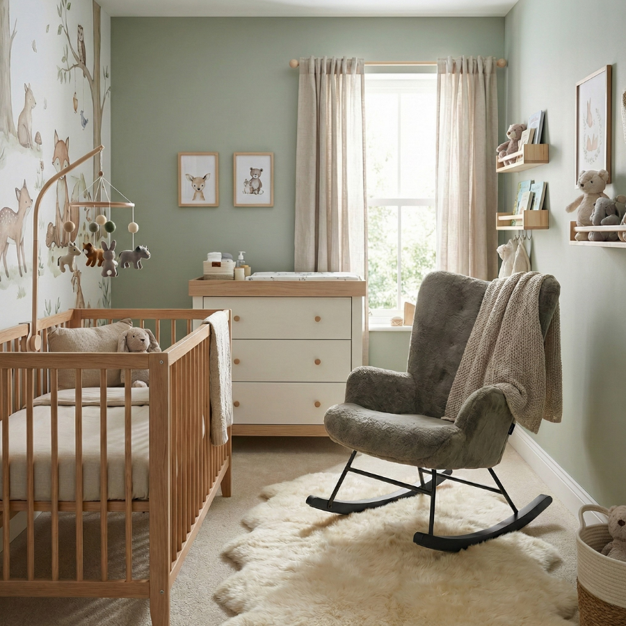 Aemely® Schommelstoel Mama - Olijf Groen Imitatiebont & Zwart Hout