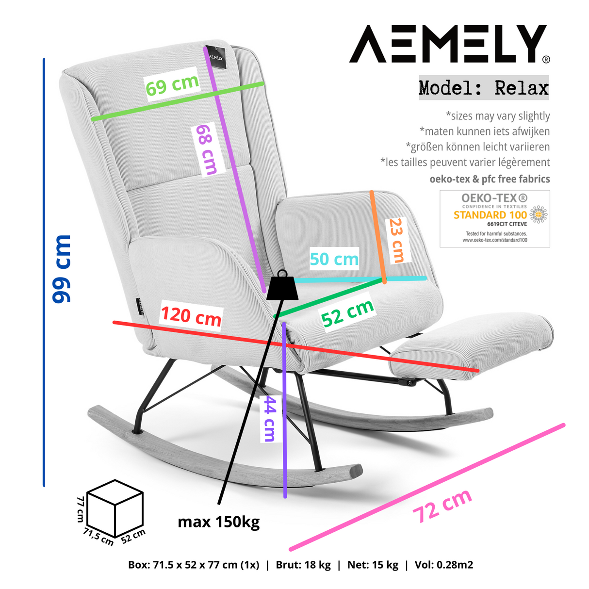 Aemely Schommelstoel Relax - Beige Apricot Teddy, Zwarte Poten, ergonomisch ontwerp met verstelbare voetsteun, geschikt voor moderne interieurs en comfortabele babyverzorging.