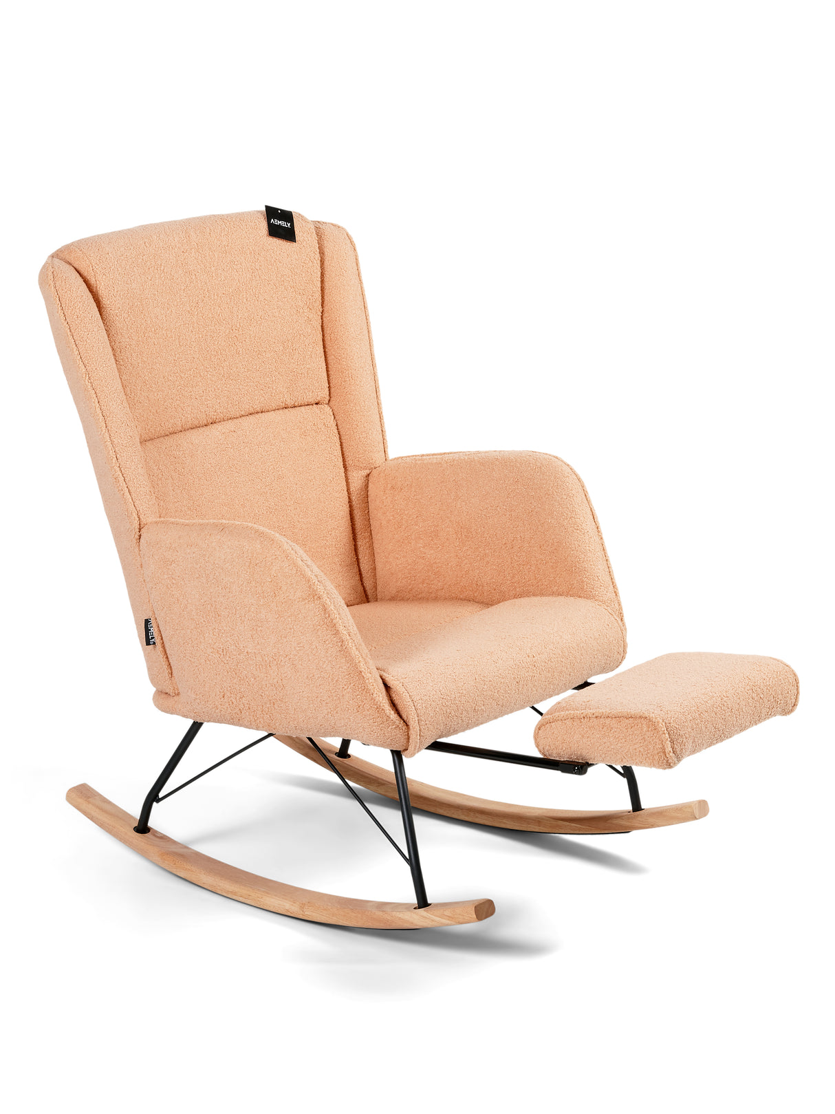 Aemely Schommelstoel Relax - Beige Apricot Teddy, Zwarte Poten: Moderne schommelstoel met hoge rugleuning, bouclé bekleding en bijpassende voetsteun, perfect voor eigentijdse interieurs.