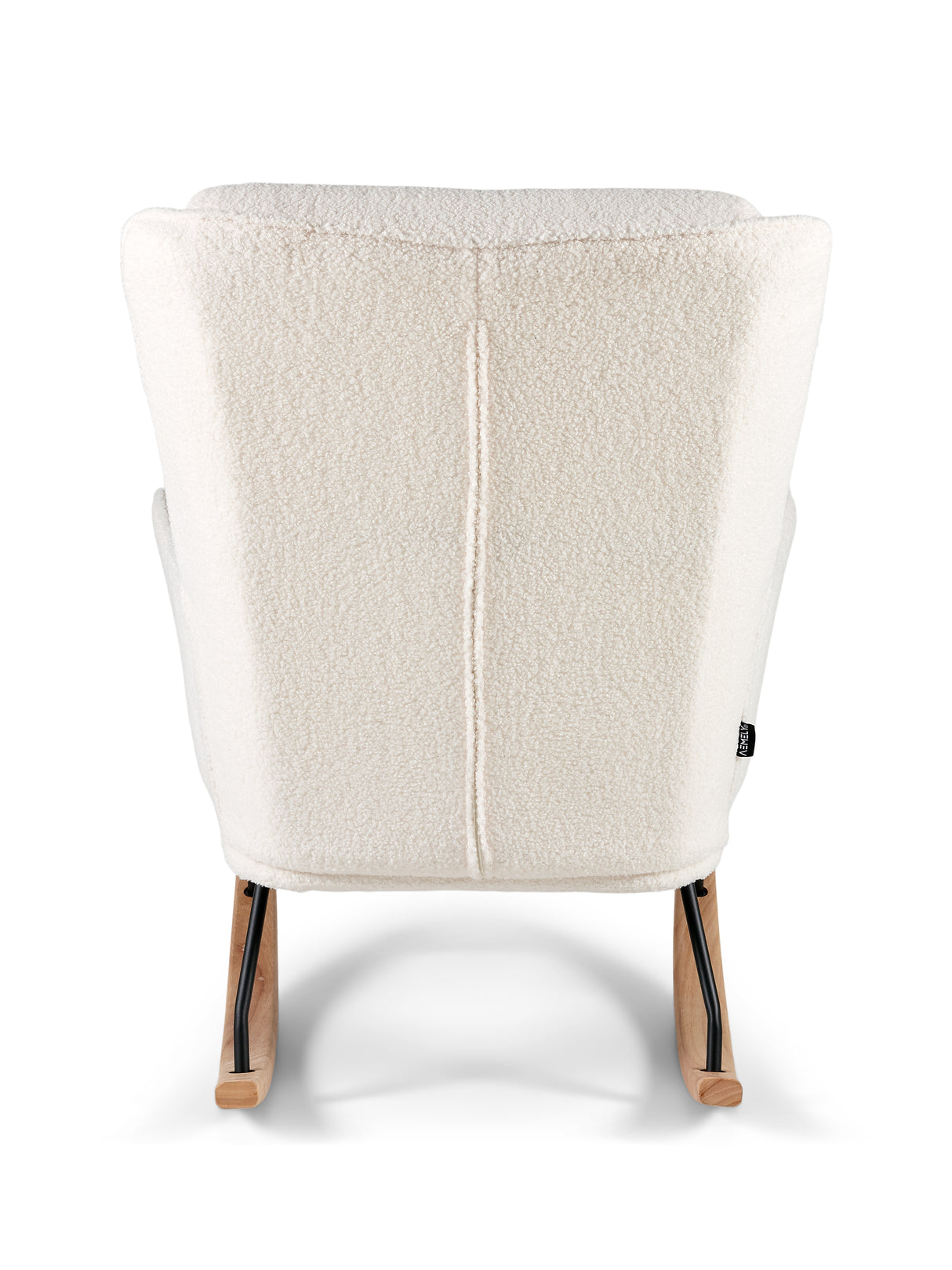 Achteraanzicht van de Aemely Schommelstoel Relax - Wit Teddy, Zwarte Poten, met moderne bekleding op houten rockers en slanke metalen steunen.