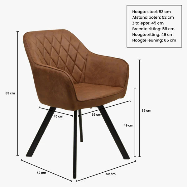 Eetkamerstoel Draaibaar 'Brione' met bruine, diamantgestikte bekleding en zwarte metalen poten, ergonomisch ontwerp voor comfort, ideaal voor moderne interieurs.