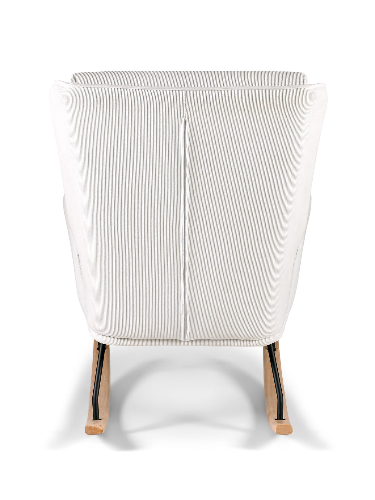 Aemely® Schommelstoel 'Relax' met witte ribstof, zwarte metalen frame en natuurlijke beukenhouten poten, ideaal voor comfort in de baby- of woonkamer.