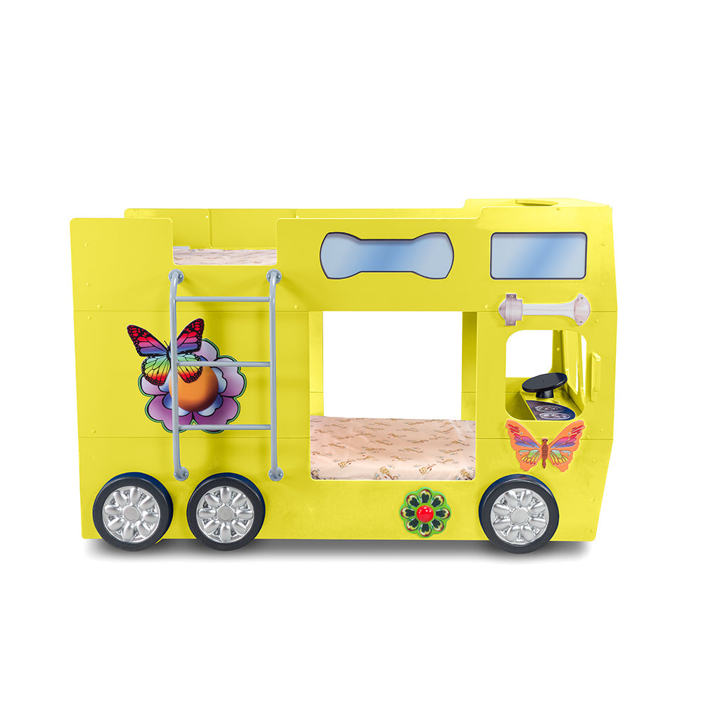 Kinderbed Happy bus 210×115×145 – Geel, dubbeldekker busvormig kinderbed met ingebouwde wielen, geschikt voor kinderen, gemaakt van gemelamineerd spaanplaat en kunststof.