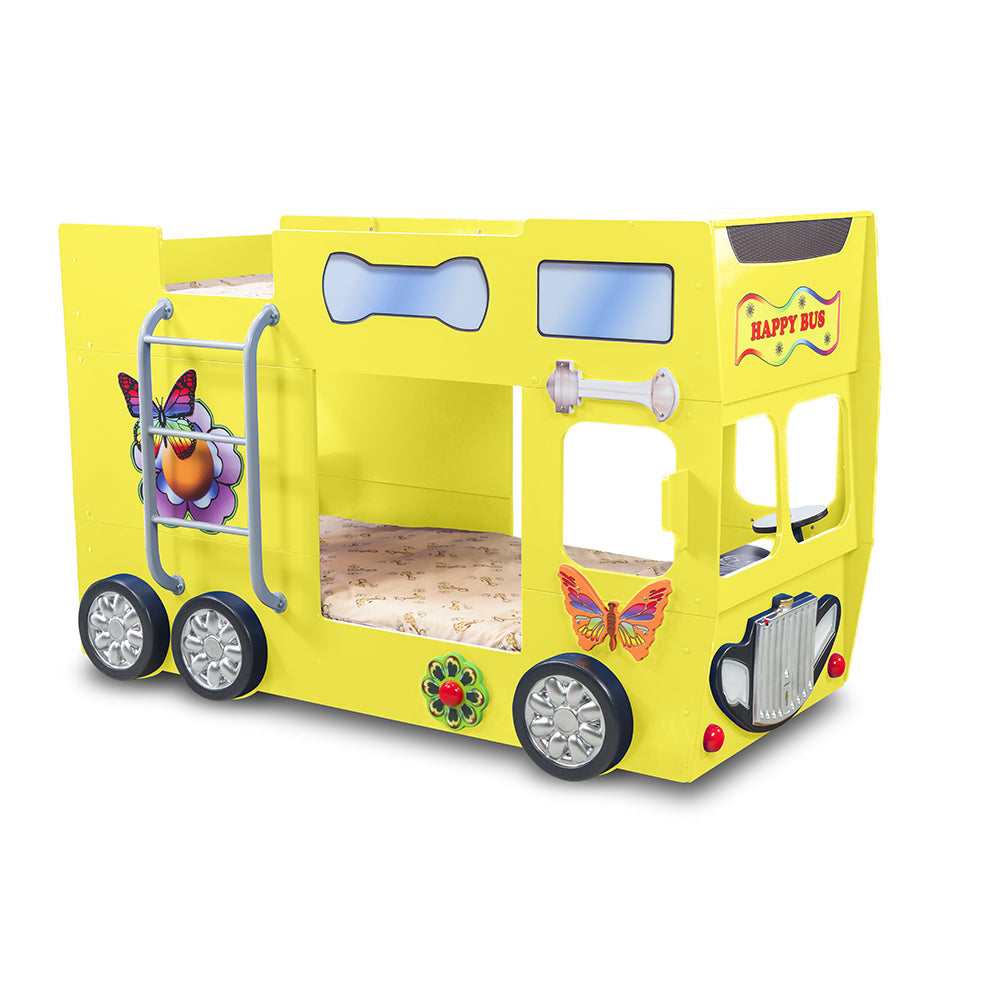Kinderbed Happy bus 210×115×145– Geel, dubbeldekker busvormig kinderbed met wielen, ideaal voor kinderen, gemaakt van MDF en kunststof, biedt comfortabele rustplek.