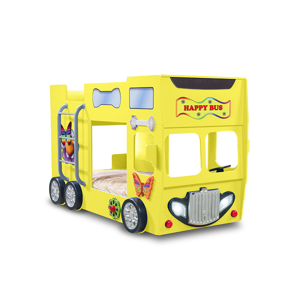 Kinderbed Happy bus 210×115×145– Geel: speels dubbeldekker busbed met groot slaapoppervlak en kleurrijk ontwerp, perfect voor kinderen, gemaakt van MDF en kunststof.