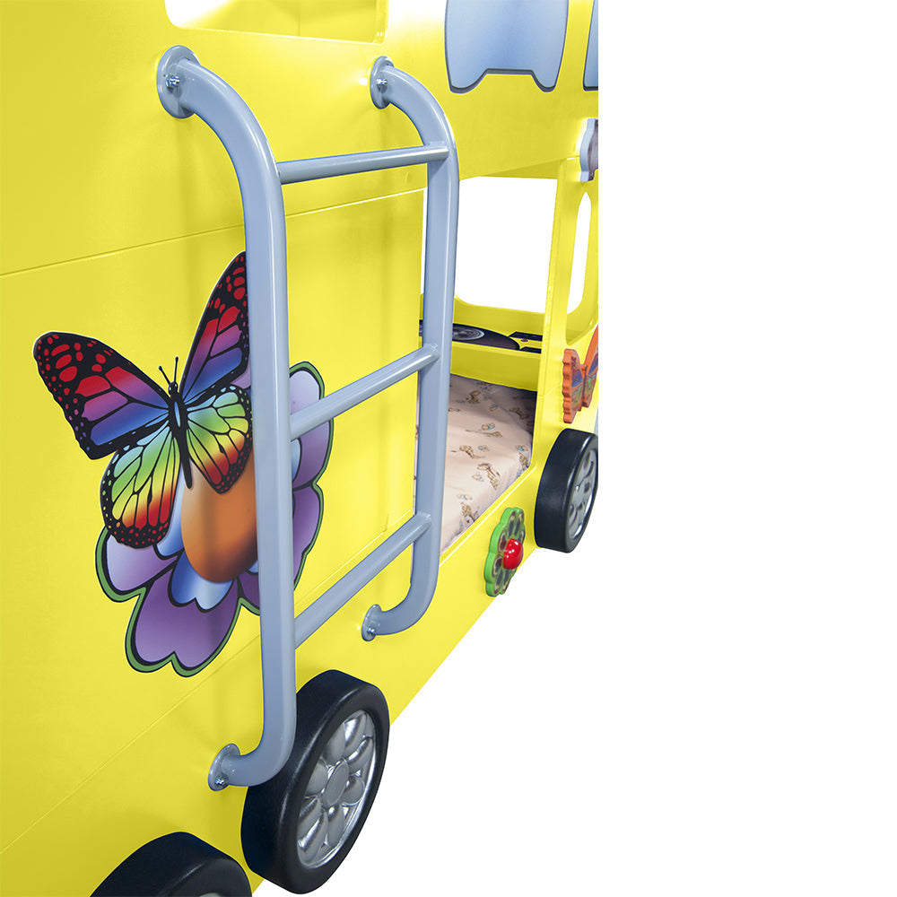 Kinderbed Happy bus 210×115×145, geel, dubbeldekker-stijl met een vrolijke gele kleur en een decoratieve vlinder aan de zijkant. Perfect voor kinderen.
