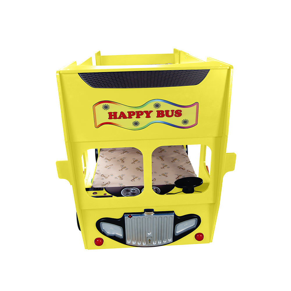 Kinderbed Happy bus 210×115×145– Geel: Dubbeldekker busbed voor kinderen, gemaakt van MDF en kunststof, biedt voldoende ruimte om te ontspannen na spelen.