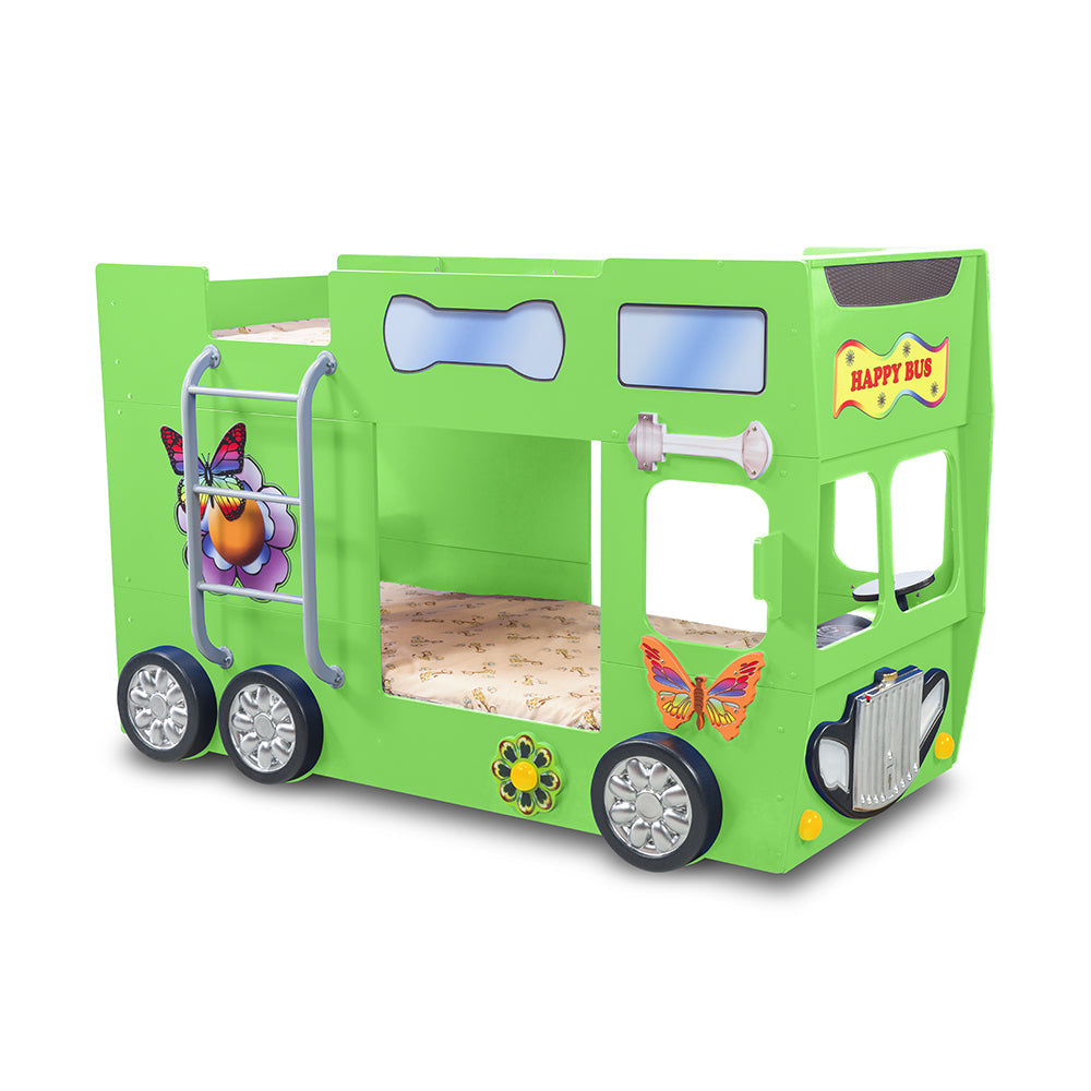 Kinderbed Happy bus 210x115x145 - Groen, een speels dubbeldekker kinderbed met wielen, perfect voor ontspanning na een dag spelen. Gemaakt van MDF en kunststof.