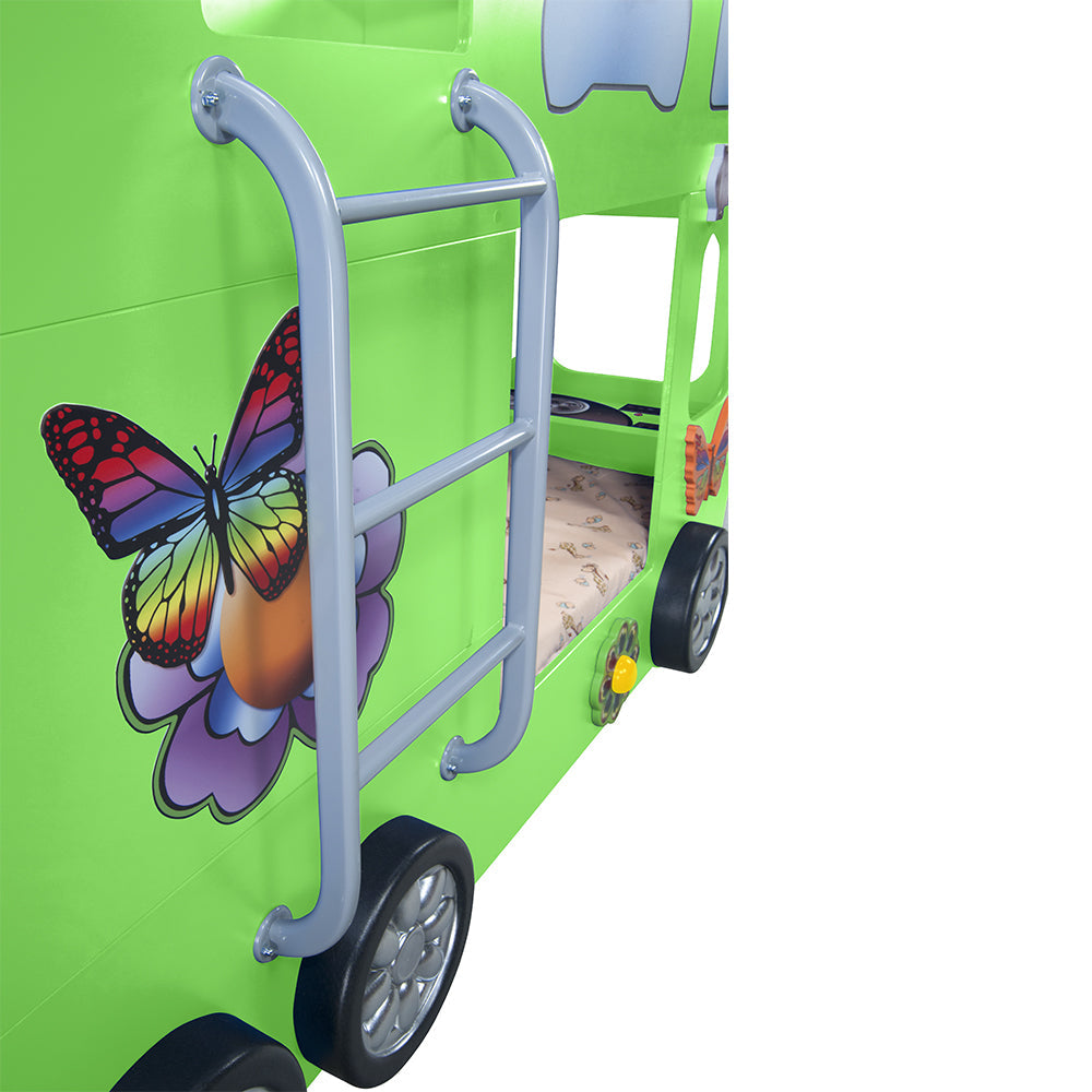 Kinderbed Happy bus 210x115x145 - Groen, een speels dubbeldekker busbed met vlinderaccent, perfect voor kinderen om te ontspannen na een dag vol plezier.