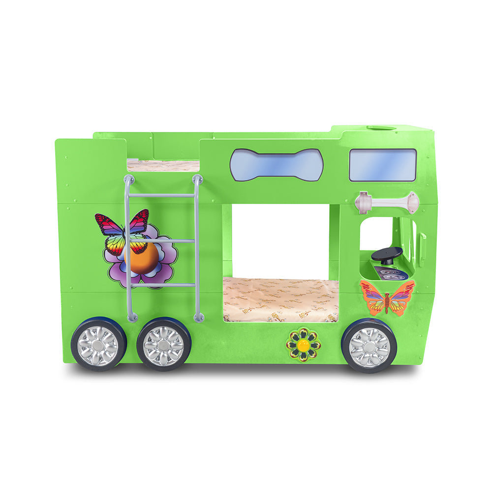 Kinderbed Happy bus 210x115x145 - Groen, een dubbeldekker kinderbed met wielen, perfect voor kinderen om te slapen en spelen. Gemaakt van MDF en kunststof.