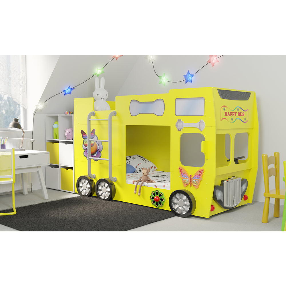 Kinderbed Happy bus 210×115×145– Geel, vrolijk dubbeldekker bus kinderbed met ruimte voor rust na speelplezier, inclusief gele accenten en wielen.