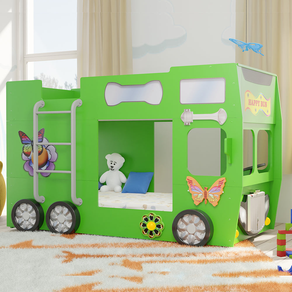 Kinderbed Happy bus 210x115x145 - Groen, een speels dubbeldekker kinderbed met wielen en een teddybeer, perfect voor ontspanning na een dag spelen.