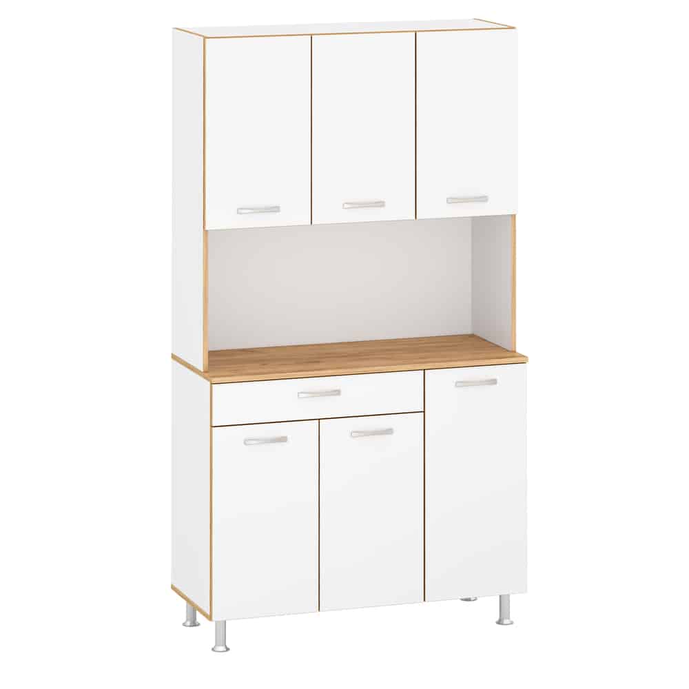 Keukenkast Julie - 180CM Hoog - Wit, met zilverkleurige handgrepen, een eiken motief plank en meerdere verstelbare planken, ideaal voor keukenopslag.