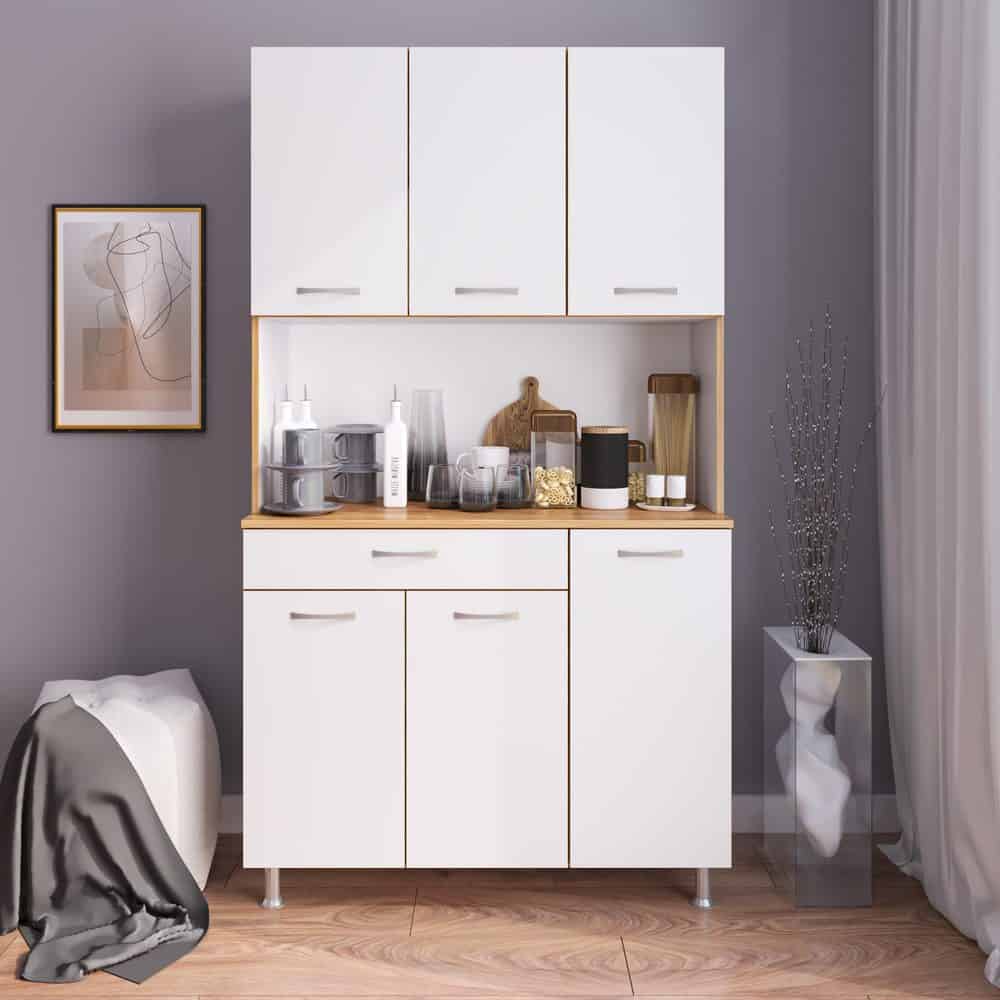 Keukenkast Julie - 180CM Hoog - Wit, een veelzijdige buffetkast met zilverkleurige pootjes, perfect voor keukenopslag of elektronica, met verstelbare planken en een lade.