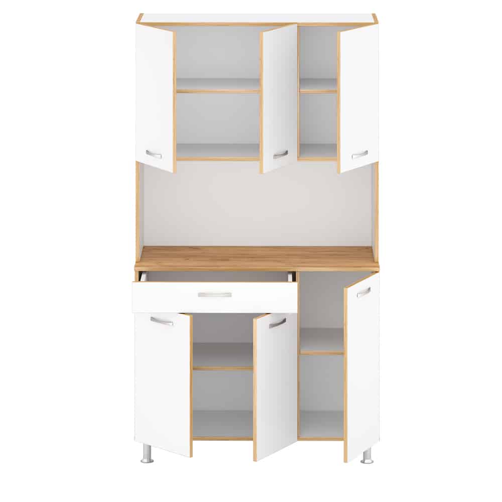 Keukenkast Julie - 180CM Hoog - Wit, met eiken motief en zilverkleurige pootjes, biedt ruime opbergruimte met verstelbare planken en een lade.