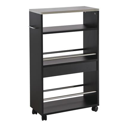 'Koffie' Keukenwagen met 4 wielen, zwarte planken en zilverkleurige handgrepen, biedt veelzijdige opslag en mobiliteit voor keuken of badkamer.