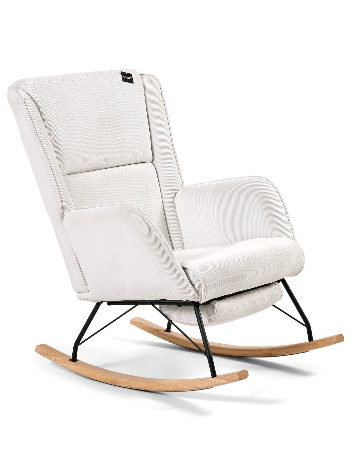 Aemely® Schommelstoel 'Relax' - Wit Ribstof met houten poten en ingebouwde voetsteun, ideaal voor comfort en ontspanning in elke kamer.