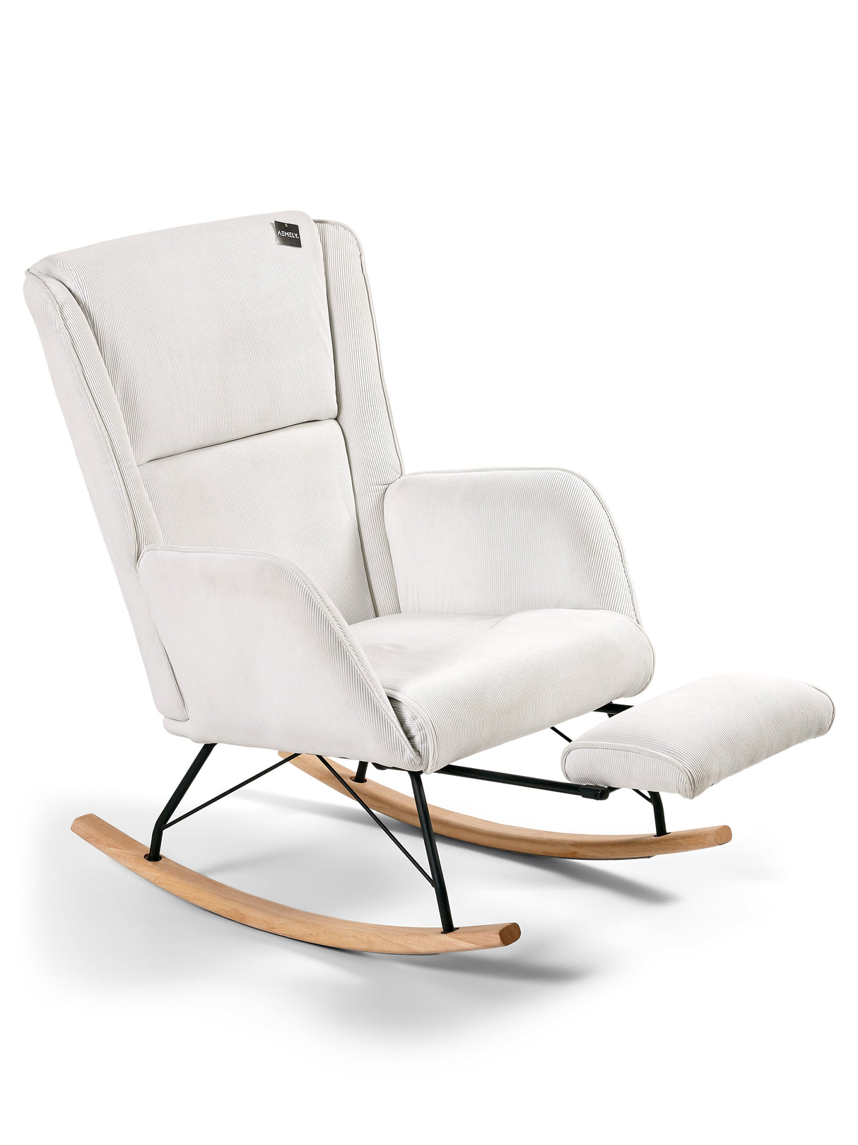 Aemely® Schommelstoel 'Relax' met ingebouwde voetsteun, wit ribstof, blank houten poten, ideaal voor comfort en ontspanning in elke kamer.