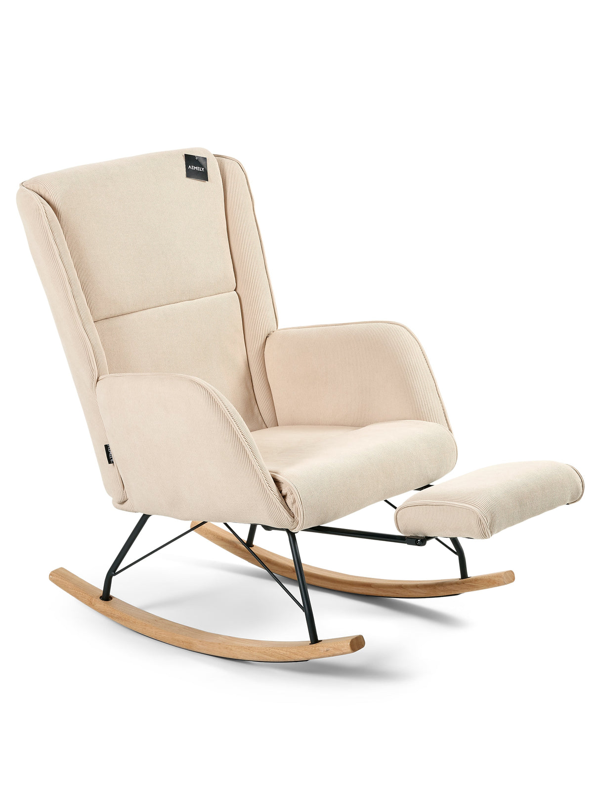 Aemely® Schommelstoel 'Relax' met beige ribstof en blank houten poten, voorzien van een zwarte metalen frame en ingebouwde, uitklapbare voetsteun.