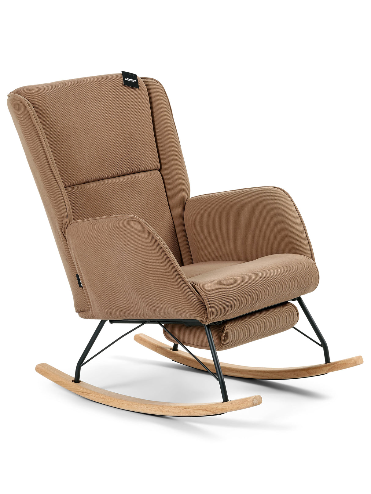 Aemely® Schommelstoel 'Relax' met ingebouwde voetsteun, bruine ribstof, zwarte metalen frame, en beukenhouten poten. Perfect voor ontspanning in elke ruimte.