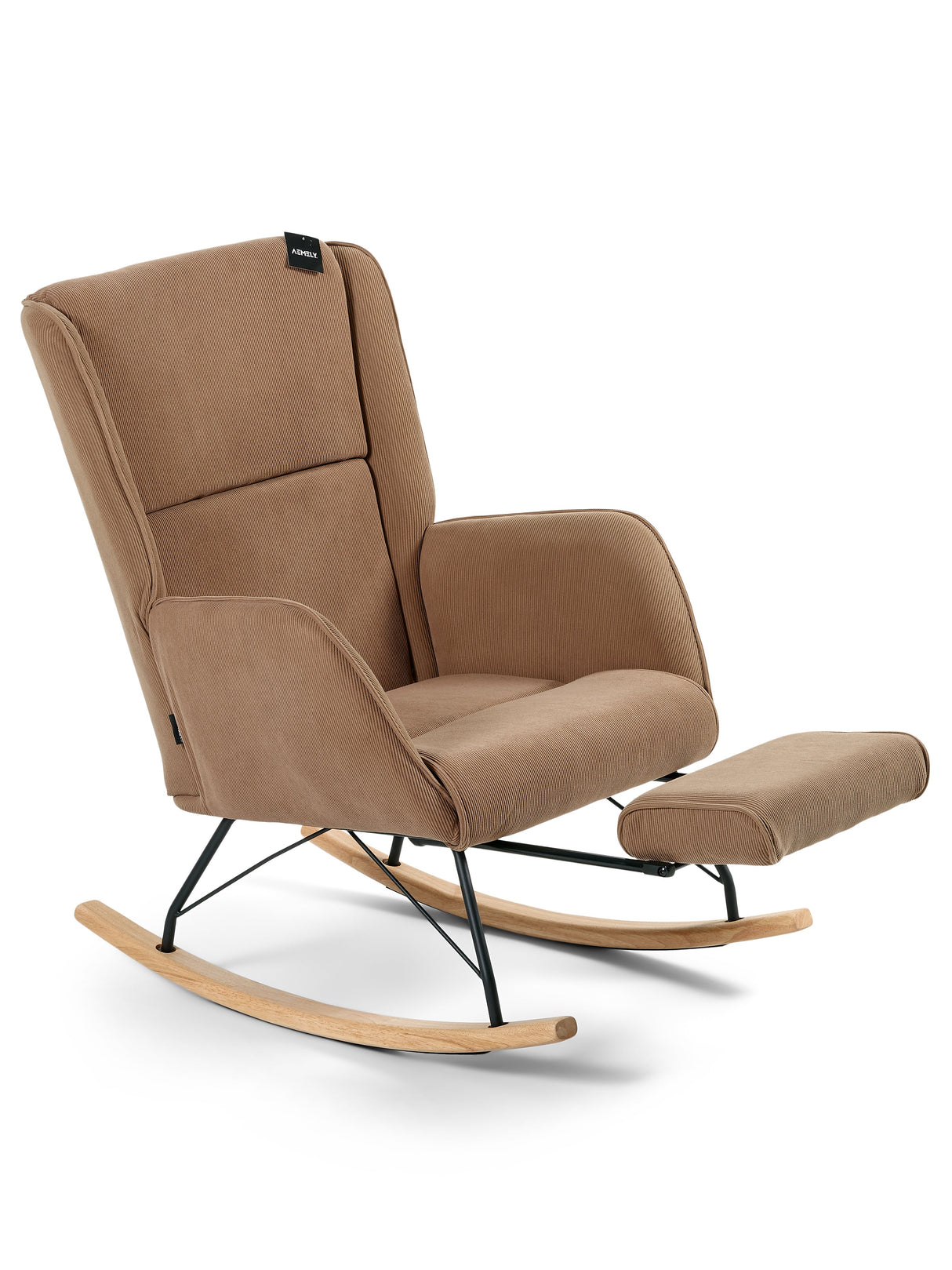 Aemely® Schommelstoel 'Relax' met ingebouwde voetsteun, bekleed met ribstof, op een houten frame, ideaal voor comfort en ontspanning.