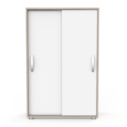 Kast Met 2 Schuifdeuren: Witte kast met zilveren handgrepen, biedt optimale opslag met verstelbare planken en schuifdeuren. Perfect voor elke woonstijl.